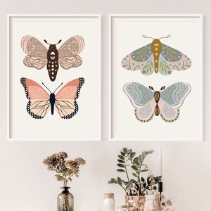 Butterfly Wall Art Set, boho butterflies, printable art, digital print, girl&#39;s room decor, modern, retro, vintage decor, boho girl&#39;s nursery