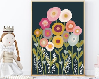 Floral Blooms Flower Garden Printable Wall Art, Botanical Plant Flowers Art, Downloadable Instant Art Girls Room Nursery Wall Art Kids Print