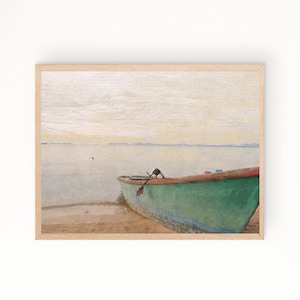 Boat on the Beach Digital Print | Beach Wall Art| Coastal Print | Muted Beach Landscape Painting | Beach Print,| Seaside Print