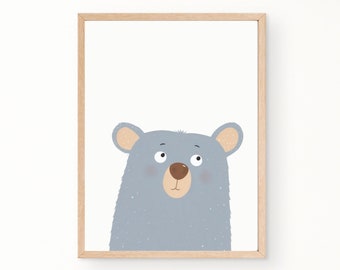 Blue Nursery Bear Wall Art, Cute Bear Printable, Minimal Bear Poster, Bear Nursery Decor, Woodland Print, Baby Room Decor DIGITAL DOWNLOAD