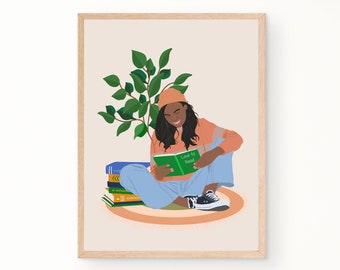 Book Lover Art Print, Black Woman Art Print, Books Art Print, Black Girl Reading, Books Wall Art, African Girl Art, Female Print Art