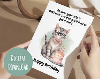Tarjeta de cumpleaños imprimible con temática de gato, linda y divertida, para amantes de los gatos, tarjeta de cumpleaños digital, tarjeta de cumpleaños con temática de gato