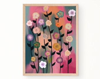 Modern floral art printable, Colorful Abstract Floral Art Painting, Printable Wall Art, Digital Downloadable Nursery Art Print