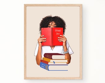 Book lover art, Black Woman Art, Black girl holding book, Digital Download, African Girl Art, Book Wall Art, Female Print Art, Black Art.