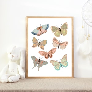Butterfly Wall Art, boho butterflies, printable art, digital print, girl&#39;s room decor, modern, retro, vintage decor, boho girl&#39;s nursery