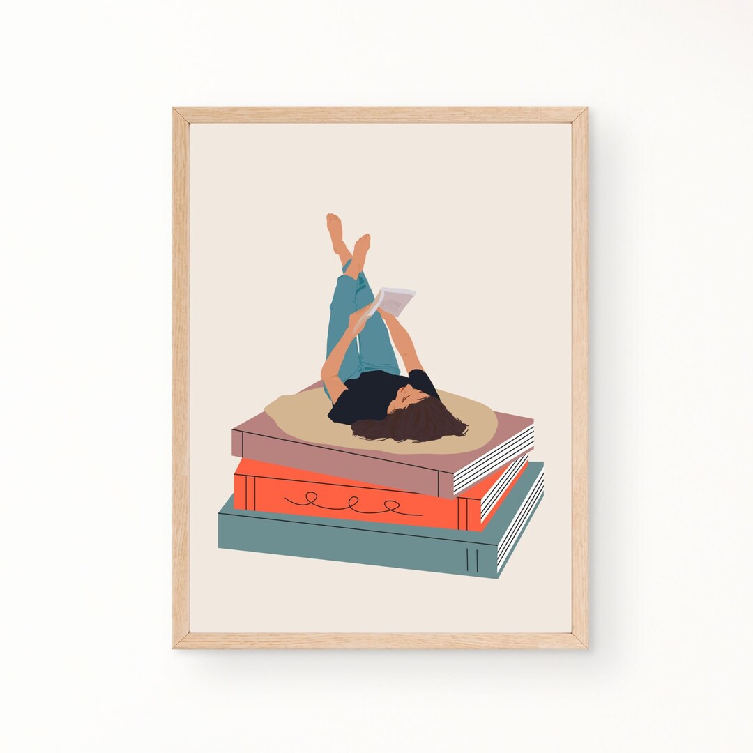 Book Lover Art Print, Girl on Books Art Print, Books Art Print, Stack of Books Print, Digital