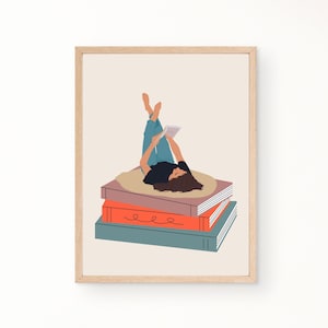 Book Lover Art Print, Girl on books Art Print, Books Art Print, Stack of books print, digital Wall Art, Books Wall Art