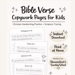 Può includere: Un set di pagine di copiatura di versetti biblici stampabili per bambini. Il design include pagine per la pratica della scrittura a mano e il tracciamento delle Scritture. Il testo include "Download istantaneo" e "Stampa a casa".