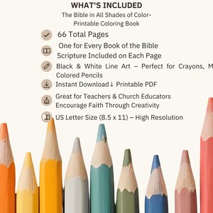 May include: A selection of coloured pencils in different hues, with text detailing a printable Bible colouring book. The book includes 66 pages, scripture, and black and white line art. The text also mentions US Letter size (21.6 x 27.9 cm).