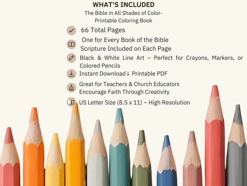 May include: A selection of coloured pencils in different hues, with text detailing a printable Bible colouring book. The book includes 66 pages, scripture, and black and white line art. The text also mentions US Letter size (21.6 x 27.9 cm).