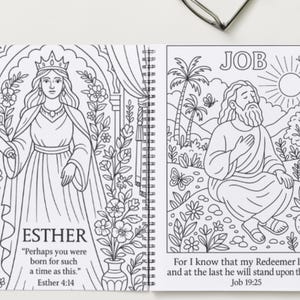 May include: A colouring book featuring two detailed black and white illustrations. One shows a woman in a crown with the text "ESTHER" and a quote. The other depicts a man with the text "JOB" and a quote. The book is spiral-bound.