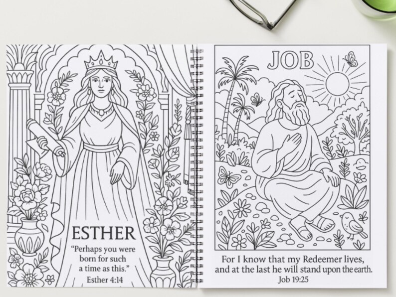 May include: A colouring book featuring two detailed black and white illustrations. One shows a woman in a crown with the text "ESTHER" and a quote. The other depicts a man with the text "JOB" and a quote. The book is spiral-bound.