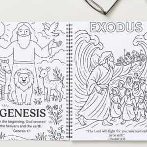 May include: A spiral-bound coloring book open to two pages. One page features the word "GENESIS" with illustrations of animals and a figure. The other page shows the word "EXODUS" with a biblical scene. Text includes Bible verses.