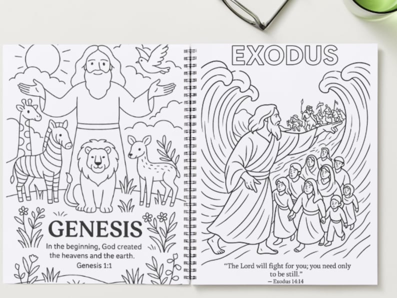 May include: A spiral-bound coloring book open to two pages. One page features the word "GENESIS" with illustrations of animals and a figure. The other page shows the word "EXODUS" with a biblical scene. Text includes Bible verses.