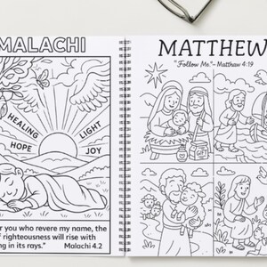 May include: A spiral-bound coloring book open to two pages with black and white illustrations. One page is labelled "MALACHI" and the other "MATTHEW". The Malachi page has a sleeping figure and text. The Matthew page has multiple biblical scenes.