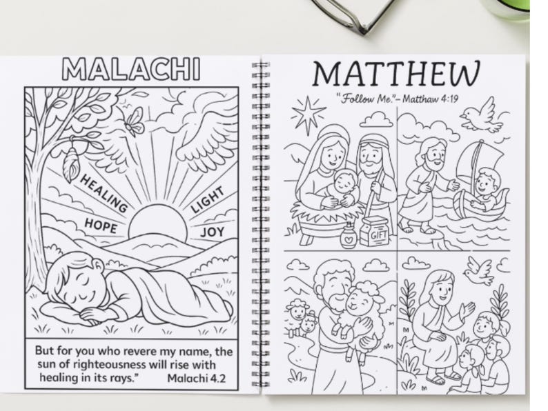 May include: A spiral-bound coloring book open to two pages with black and white illustrations. One page is labelled "MALACHI" and the other "MATTHEW". The Malachi page has a sleeping figure and text. The Matthew page has multiple biblical scenes.