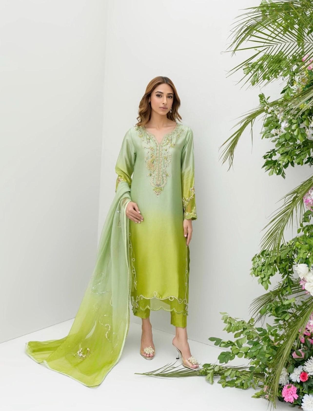 green emerald velvet dress Pistachio Pakistani Wedding Dress in Lehenga Frock Style – Nameera by Farooq main image 1