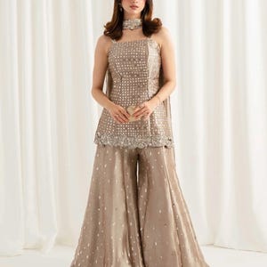 Champagne Tissue Sharara Set, Pakistani Formal Wear, Bollywood Inspired Outfit, Indian Wedding Guest Dress, Luxury Party Wear, 3 Piece Set