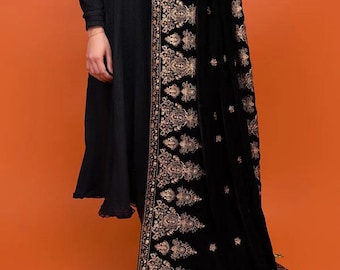 Black Velvet Embroidered Shawl, Luxury Velvet Wrap, Gold Thread Floral Design, Formal Evening Wrap / Wedding Stole, Winter Shawl