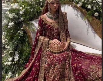 Mehroon Bridal Set with Long Shirt, Heavy Adda Work Tussle Silk Wedding Dress, Hand Embroidered Dupatta, Bridal Outfit, Nikkah Dress