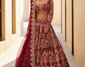 Red Gold Bridal Dress | Pakistani Nikkah Dress | Adda Work Wedding Outfit | Custom Size Stitched/Unstitched