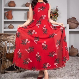Red Floral Chiffon Maxi Dress with Dupatta: Pakistani Party Frock