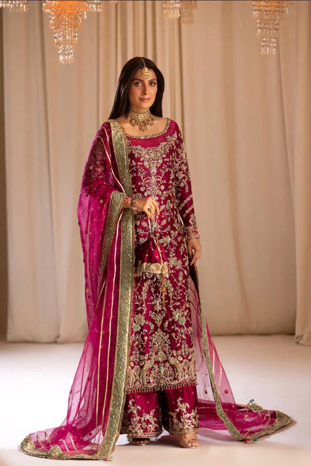 hot pink pakistani wedding dress Bridal Dress, Nikkah Dress, Mehandi Dress, Heavy Embroidered Dress, Pakistani Women Taupe bias cut satin gown