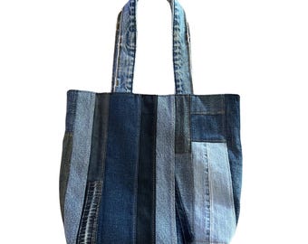 Upcycled denim patchwork hand bag