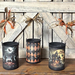 Rustic Halloween Lanterns: Upcycled Decoupage Tin Can Set of 3