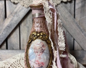 Shabby Chic Decoupage Glass Bottle: Victorian Lady Ornament Topper