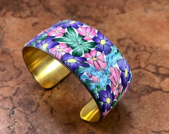 Spring Floral Polymer Clay Brass Cuff Bracelet