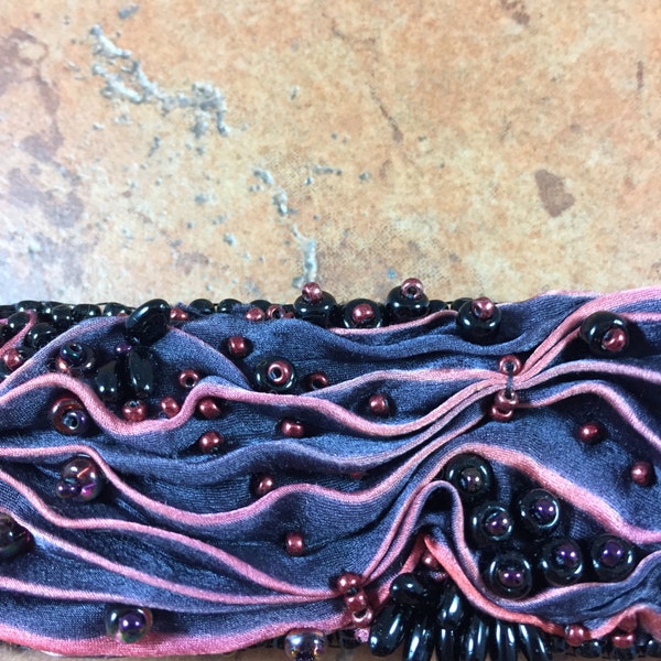 Black and Brick Red Shibori Silk Ribbon Cuff Bracelet