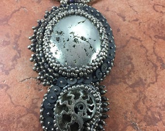 Pyrite & Ammonite Bead Embroidered Pendant