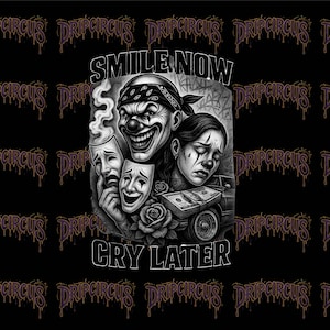 Smile Now Cry Later Clown Art - Chicano Style Digital Print | Tattoo Ink Style Poster | Instant Download for Apparel & Wall Art