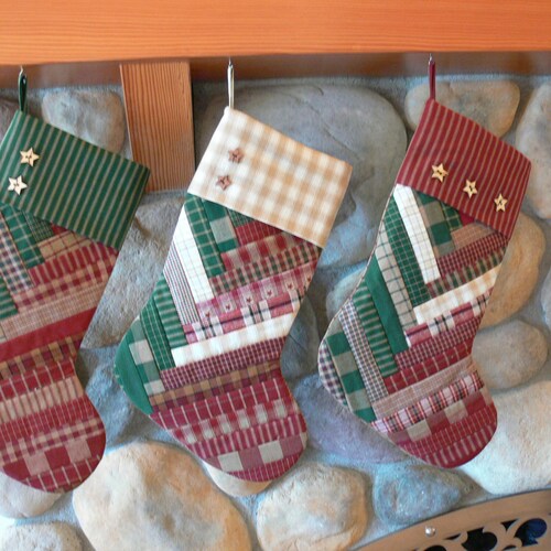 Homespun Strip Quilted Christmas Stocking, Christmas Decor, Rustic, Primitive, Right Pointing Toe