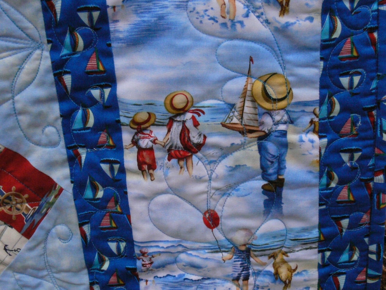 Quilted Nautical Gift Children at the Beach Ocean Scenery Nautical Handmade Quilt