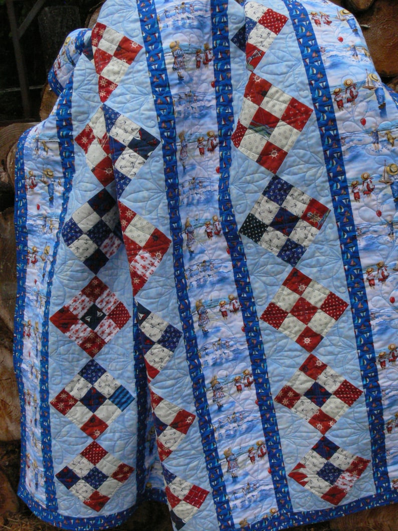 Quilted Nautical Gift Children at the Beach Ocean Scenery Nautical Handmade Quilt