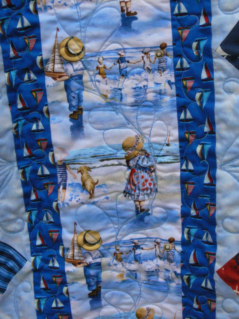 Quilted Nautical Gift Children at the Beach Ocean Scenery Nautical Handmade Quilt