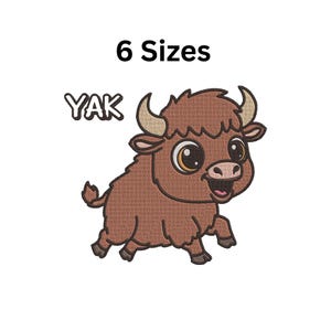 May include: A cartoon-style embroidered yak design in shades of brown, with large eyes and curved horns. The word "YAK" is above the yak, and the text "6 Sizes" is above the yak. The yak is running and smiling.