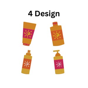 May include: Four designs of sunscreen bottles and tubes are displayed against a white background. Each container is orange with a pink label featuring a yellow sun design. The text "4 Design" is at the top.