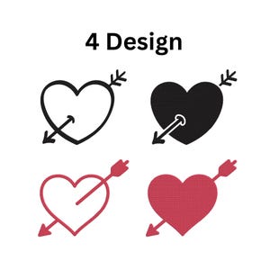 Puede incluir: Cuatro diseños de corazones atravesados por flechas se muestran sobre un fondo blanco. Dos corazones están delineados, uno negro y otro rojo. Los otros dos corazones son sólidos, uno negro y otro rojo. El texto "4 Design" está en la parte superior.