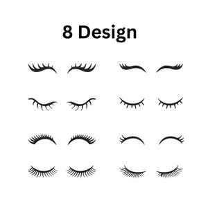 Puede incluir: Fondo blanco con ocho diseños de pestañas negras. El texto "8 Design" está en la parte superior en negrita negra. Cada diseño presenta una forma y curvatura únicas, ofreciendo una variedad de estilos.