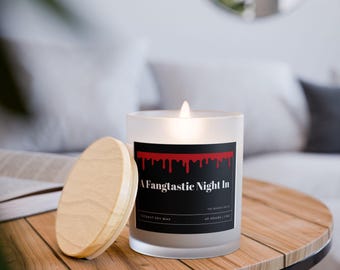 Vampire Themed Frosted Glass Candle, 'A Fangtastic Night In', Halloween Decor