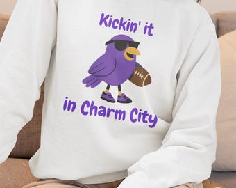 Baltimore Football Sweatshirt, Kickin' It in Charm City Unisex Garment-Dyed Shirt, Baltimore Sports Fan Gift, Cozy Sweatshirt, Gameday Shirt