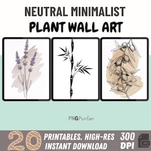 Minimalist Plant Wall Art Set – Neutral Botanical Line Drawings, Printable Modern Decor (5 Sizes, Digital Download)