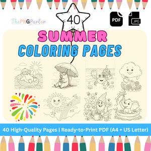 Summer Coloring Pages for Kids | 40 Printable Summer Activities | Cute PDF & JPG Bundle | Beach, Animals, Nature Scenes | Digital Download