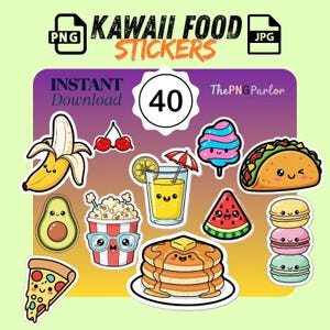 Kawaii Essen Aufkleber Paket | 40 süße PNGs für Cricut & Scrapbooking | Transparenter PNG Digital Download für Kinder, Basteln, Journals, DIY