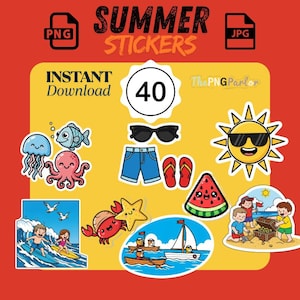 Summer Stickers Bundle | 40 Cute Printable Stickers for Kids | Kawaii Summer Clipart PNG | Instant Download for Crafts & Scrapbooking