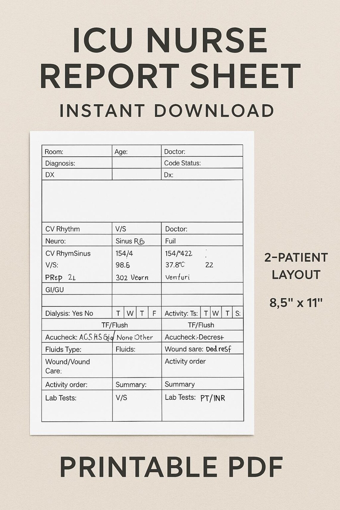 ICU Nurse Report Sheet Printable | ICU Nurse Brain Sheet | Critical ...