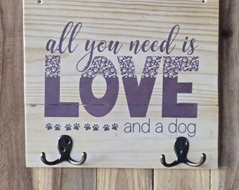 Dog Lover Solid Wood Sign Hand Stenciled with Chalk Paint & 2 sturdy metal hooks